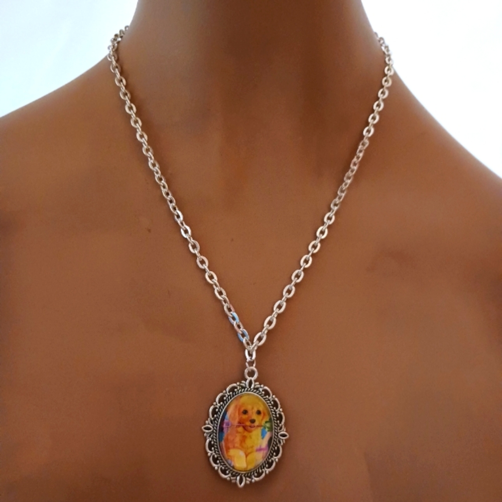 Lisa Frank Golden Retriever with Shovel Pendant in Silver Frame.